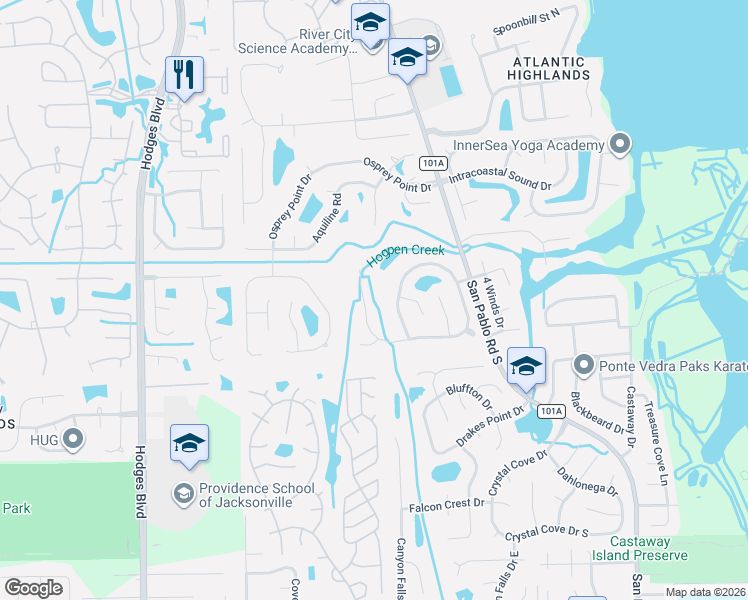 map of restaurants, bars, coffee shops, grocery stores, and more near 2326 Covington Creek Circle East in Jacksonville