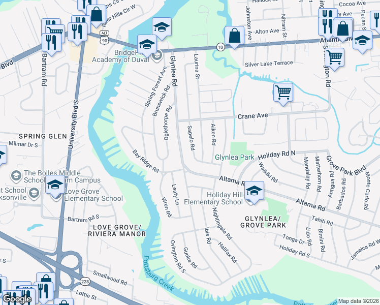 map of restaurants, bars, coffee shops, grocery stores, and more near 647 Glynlea Road in Jacksonville