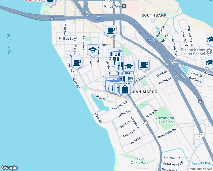 map of restaurants, bars, coffee shops, grocery stores, and more near 1949 San Marco Boulevard in Jacksonville