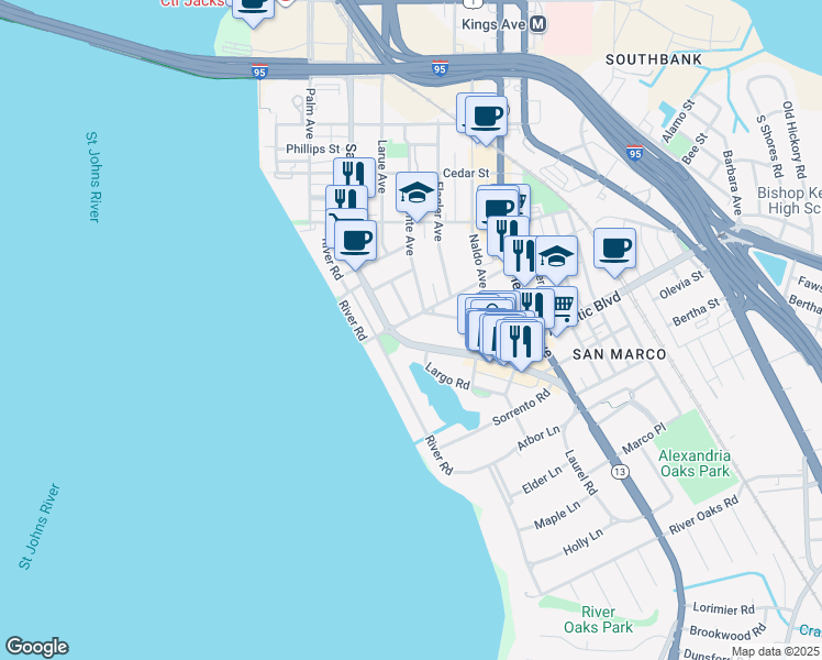 map of restaurants, bars, coffee shops, grocery stores, and more near 1840 San Marco Boulevard in Jacksonville