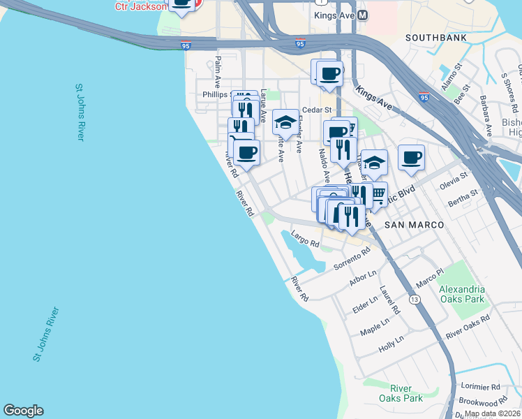 map of restaurants, bars, coffee shops, grocery stores, and more near 1814 River Road in Jacksonville
