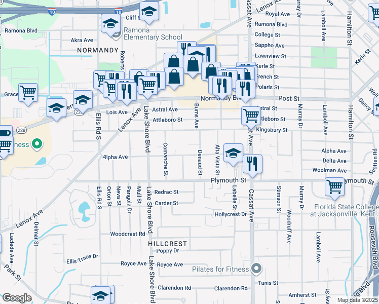 map of restaurants, bars, coffee shops, grocery stores, and more near 1152 Mohawk Street in Jacksonville