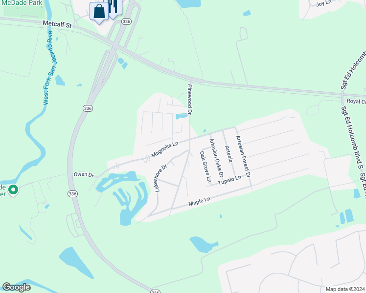 map of restaurants, bars, coffee shops, grocery stores, and more near 201 Pinewood Drive in Conroe