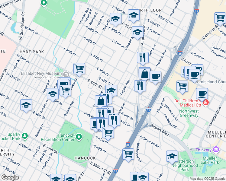 map of restaurants, bars, coffee shops, grocery stores, and more near in Austin