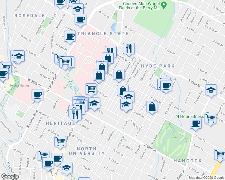 map of restaurants, bars, coffee shops, grocery stores, and more near 4002 Avenue C in Austin