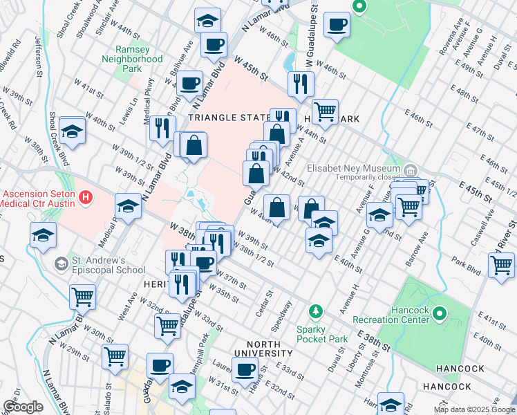 map of restaurants, bars, coffee shops, grocery stores, and more near 3908 Avenue B in Austin