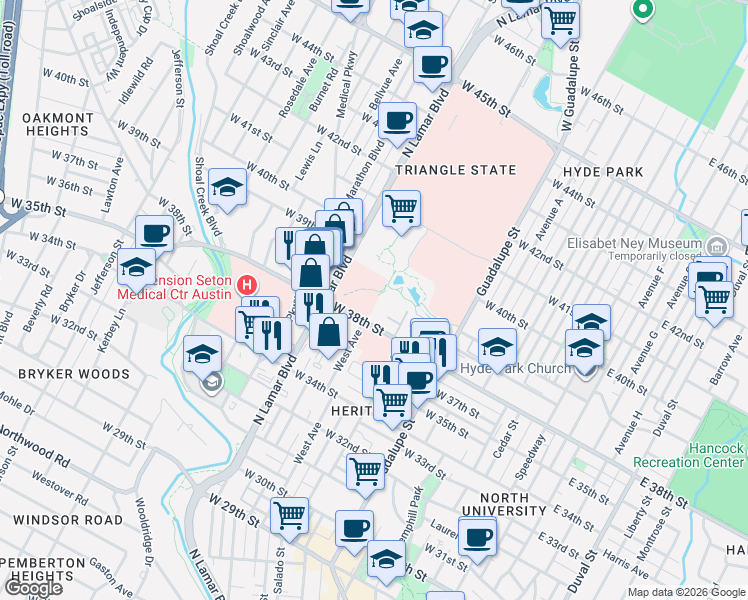 map of restaurants, bars, coffee shops, grocery stores, and more near in Austin