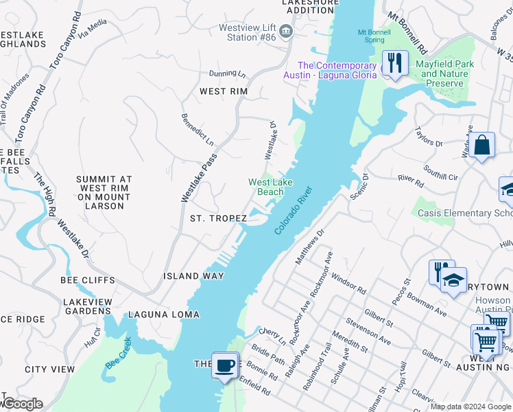 map of restaurants, bars, coffee shops, grocery stores, and more near 2419 Westlake Drive in Austin