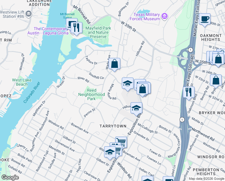 map of restaurants, bars, coffee shops, grocery stores, and more near 2701 Maria Anna Road in Austin