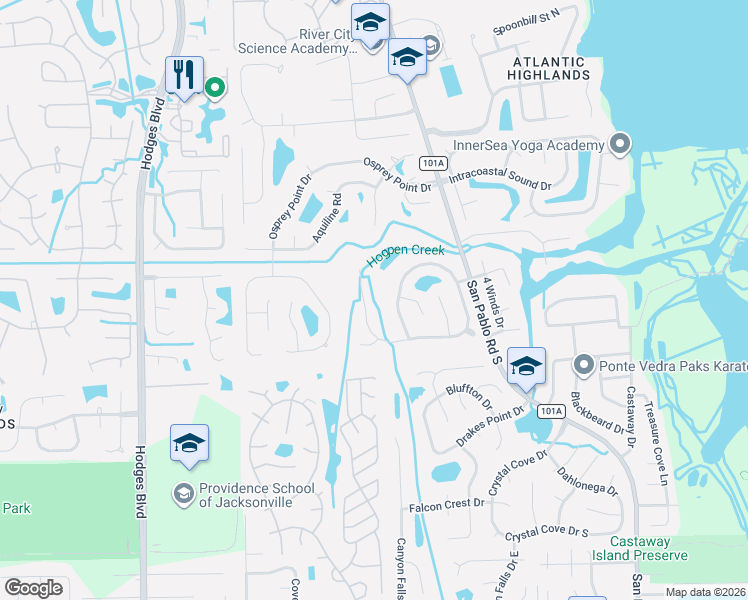 map of restaurants, bars, coffee shops, grocery stores, and more near 2326 Covington Creek Circle East in Jacksonville