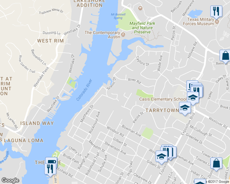 map of restaurants, bars, coffee shops, grocery stores, and more near 2515 El Greco Cove in Austin