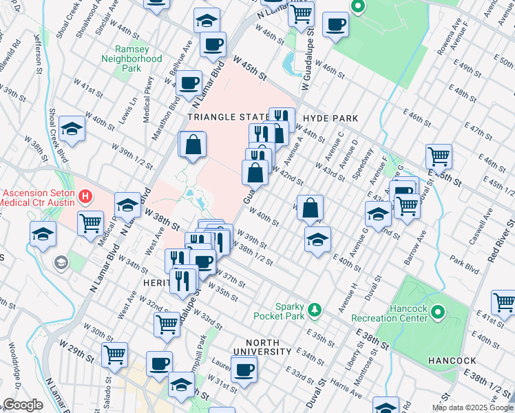 map of restaurants, bars, coffee shops, grocery stores, and more near 3908 Avenue B in Austin