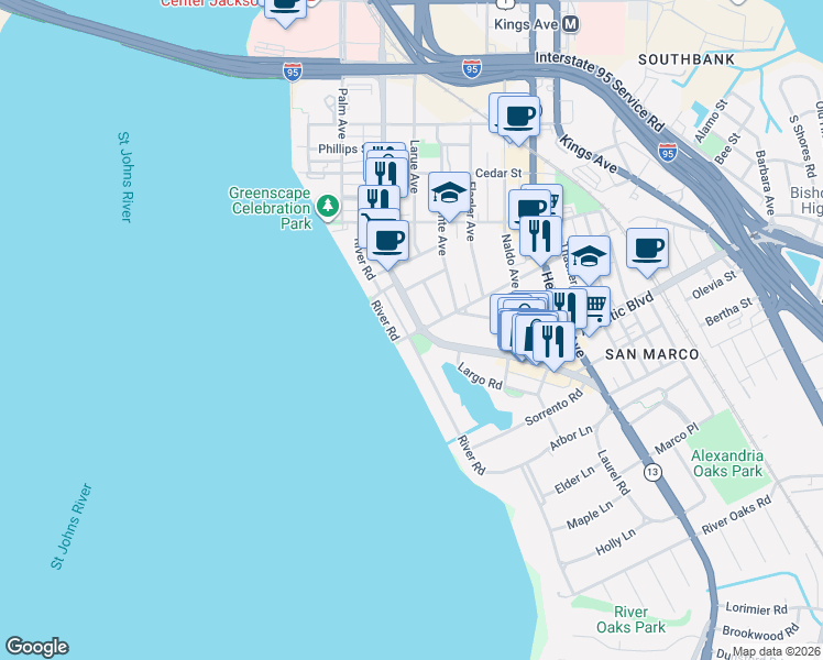 map of restaurants, bars, coffee shops, grocery stores, and more near 935 Landon Avenue in Jacksonville
