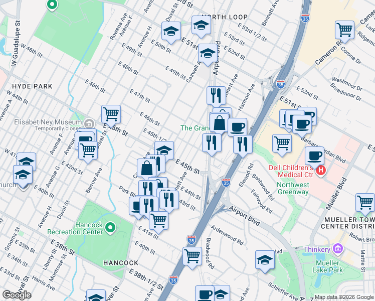 map of restaurants, bars, coffee shops, grocery stores, and more near 4517 Depew Avenue in Austin
