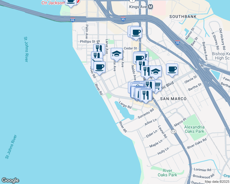 map of restaurants, bars, coffee shops, grocery stores, and more near 1840 San Marco Boulevard in Jacksonville