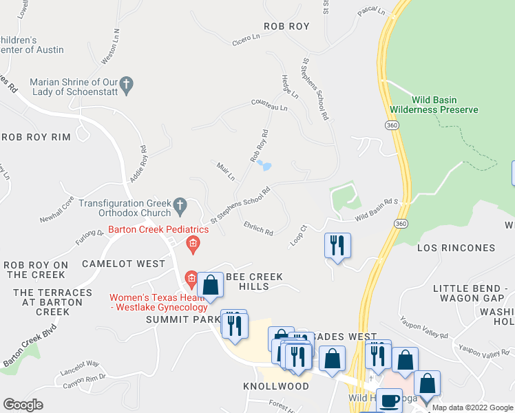 map of restaurants, bars, coffee shops, grocery stores, and more near 11 Saint Stephens School Road in Austin
