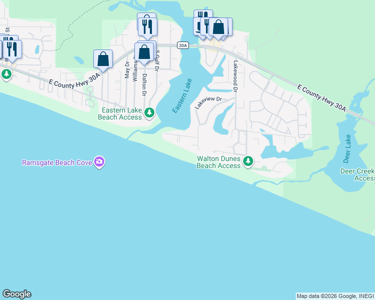 map of restaurants, bars, coffee shops, grocery stores, and more near 73 San Roy Road in Santa Rosa Beach