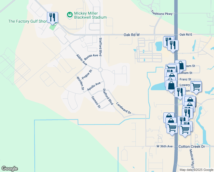 map of restaurants, bars, coffee shops, grocery stores, and more near 18950 Old Plash Island Road in Gulf Shores