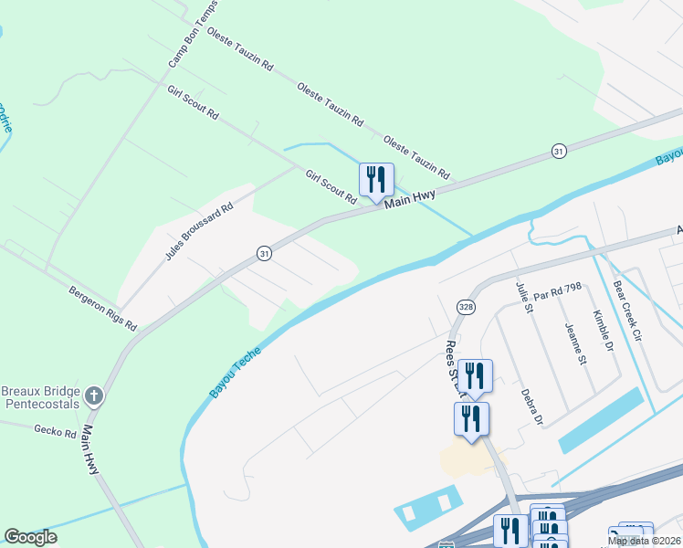 map of restaurants, bars, coffee shops, grocery stores, and more near 1031 Magenta Road in Breaux Bridge