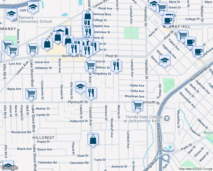 map of restaurants, bars, coffee shops, grocery stores, and more near 1137 Woodruff Avenue in Jacksonville