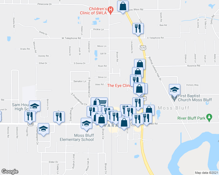 map of restaurants, bars, coffee shops, grocery stores, and more near 345 Parish Road in Moss Bluff