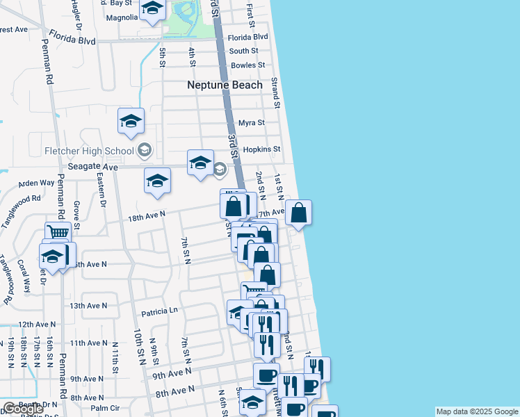 map of restaurants, bars, coffee shops, grocery stores, and more near 201 18th Avenue North in Jacksonville Beach
