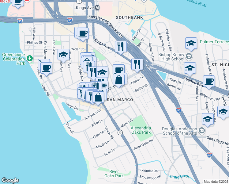 map of restaurants, bars, coffee shops, grocery stores, and more near in Jacksonville
