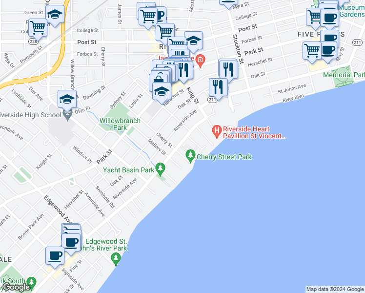 map of restaurants, bars, coffee shops, grocery stores, and more near 1802 Bayard Place in Jacksonville