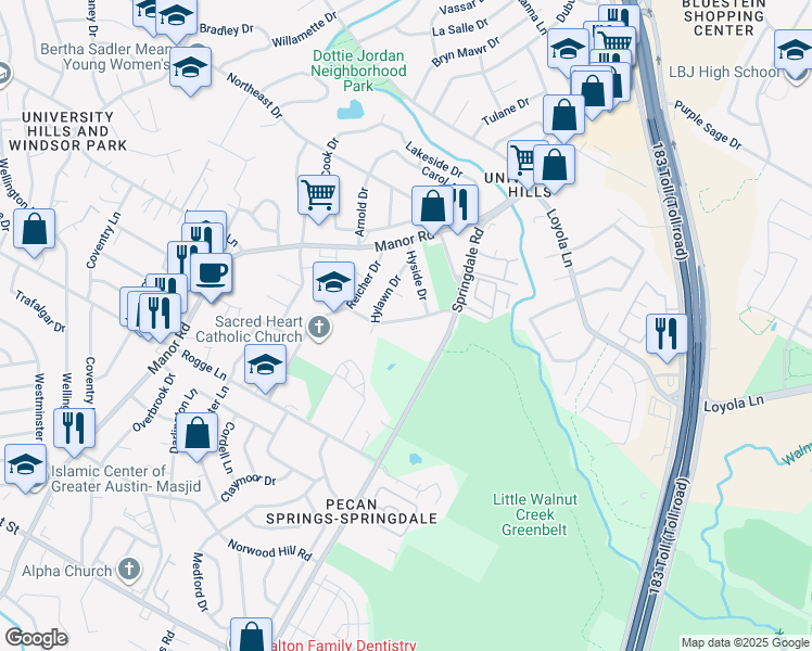 map of restaurants, bars, coffee shops, grocery stores, and more near 3303 Hyclimb Circle in Austin