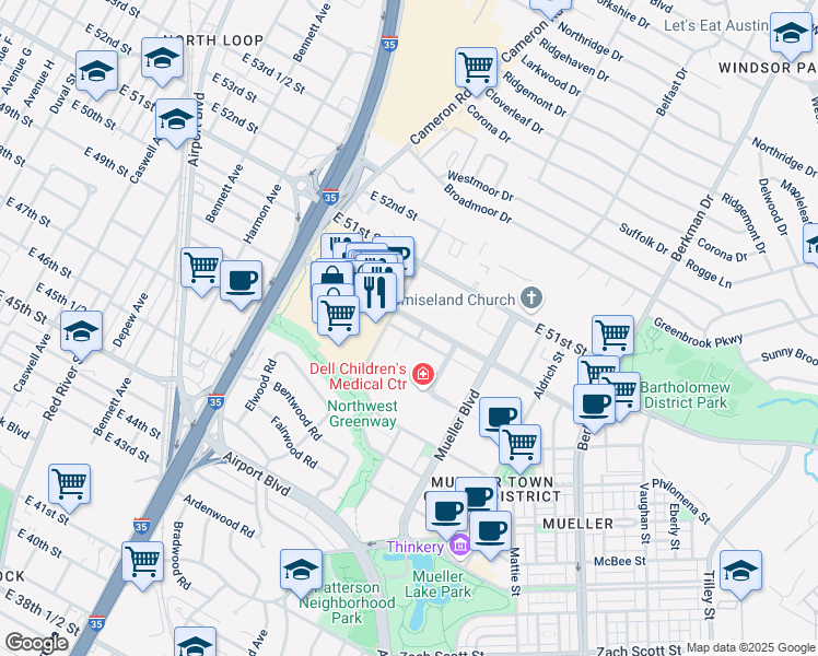 map of restaurants, bars, coffee shops, grocery stores, and more near 1300 Barbara Jordan Boulevard in Austin