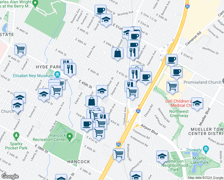 map of restaurants, bars, coffee shops, grocery stores, and more near 4518 Red River Street in Austin