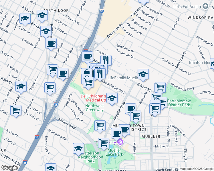 map of restaurants, bars, coffee shops, grocery stores, and more near 1301 Barbara Jordan Boulevard in Austin