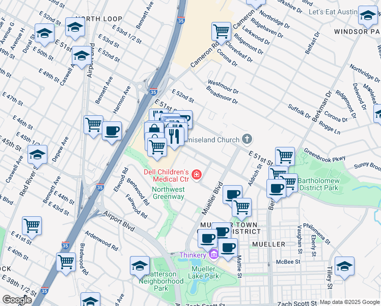 map of restaurants, bars, coffee shops, grocery stores, and more near 1301 Barbara Jordan Boulevard in Austin