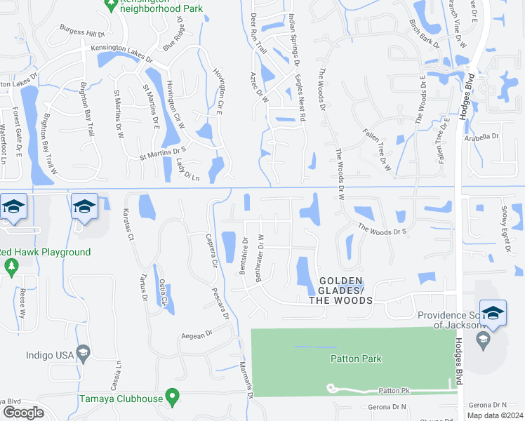 map of restaurants, bars, coffee shops, grocery stores, and more near 2351 Bentwater Drive West in Jacksonville