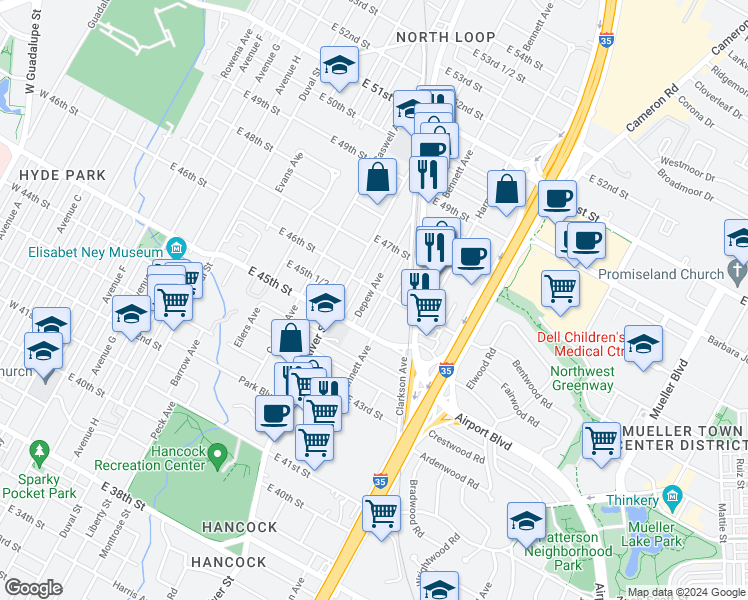 map of restaurants, bars, coffee shops, grocery stores, and more near 4519 Depew Avenue in Austin