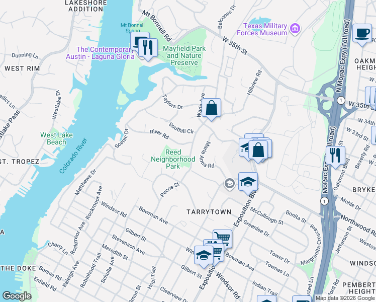 map of restaurants, bars, coffee shops, grocery stores, and more near 2600 Pecos Street in Austin