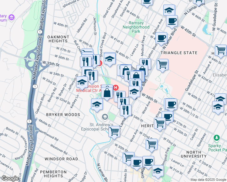 map of restaurants, bars, coffee shops, grocery stores, and more near 1301 West 38th Street in Austin