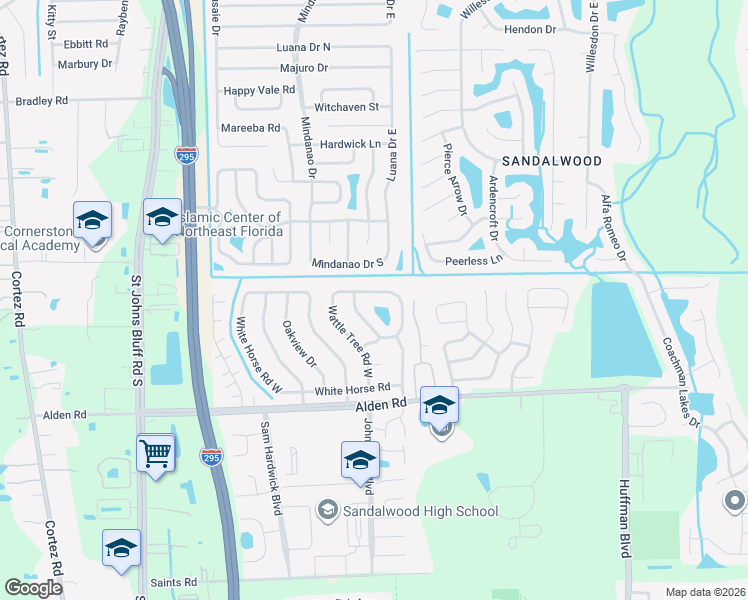 map of restaurants, bars, coffee shops, grocery stores, and more near 11765 Wattle Tree Road West in Jacksonville