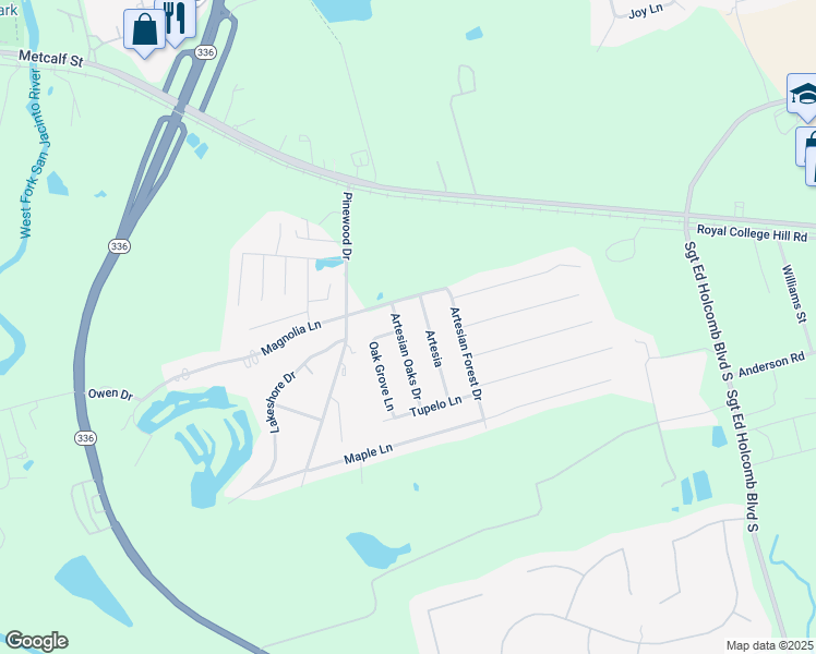 map of restaurants, bars, coffee shops, grocery stores, and more near 34 Artesia in Conroe