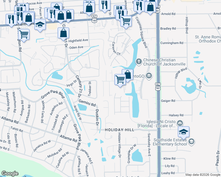 map of restaurants, bars, coffee shops, grocery stores, and more near 8810 Corporate Square Ct in Jacksonville