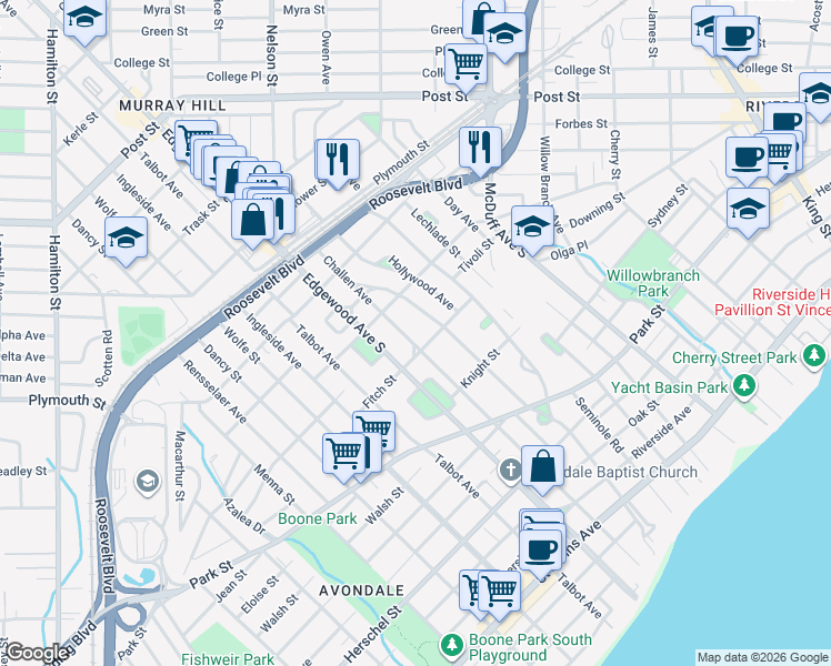 map of restaurants, bars, coffee shops, grocery stores, and more near 1348 Avondale Avenue in Jacksonville