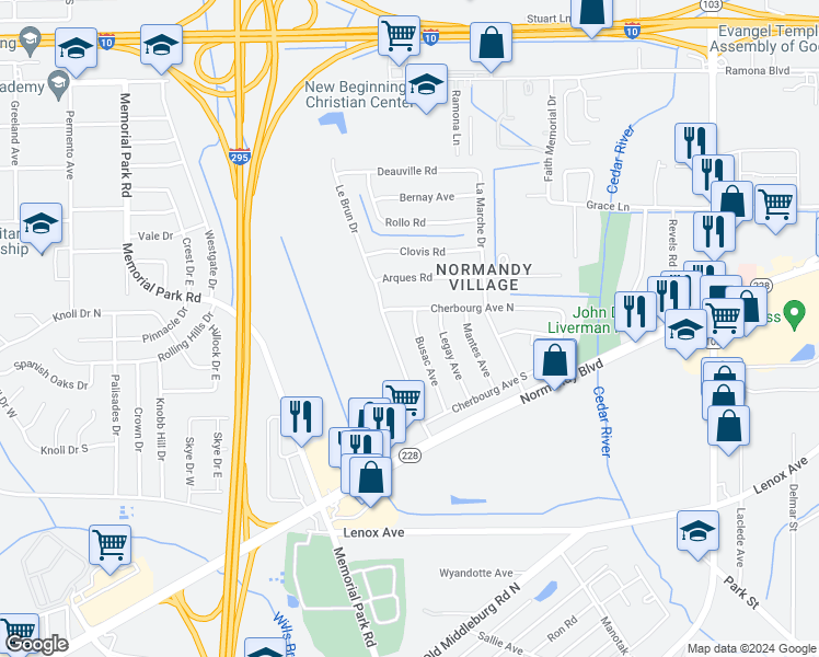map of restaurants, bars, coffee shops, grocery stores, and more near 1020 Busac Avenue in Jacksonville