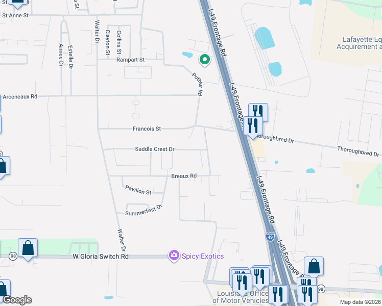 map of restaurants, bars, coffee shops, grocery stores, and more near 98 Thoroughbred Drive in Carencro