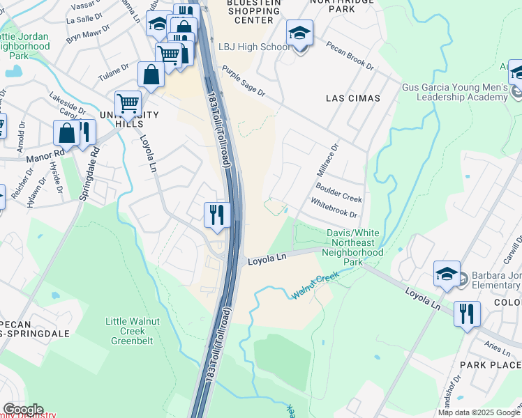 map of restaurants, bars, coffee shops, grocery stores, and more near 6571 Ed Bluestein Boulevard in Austin