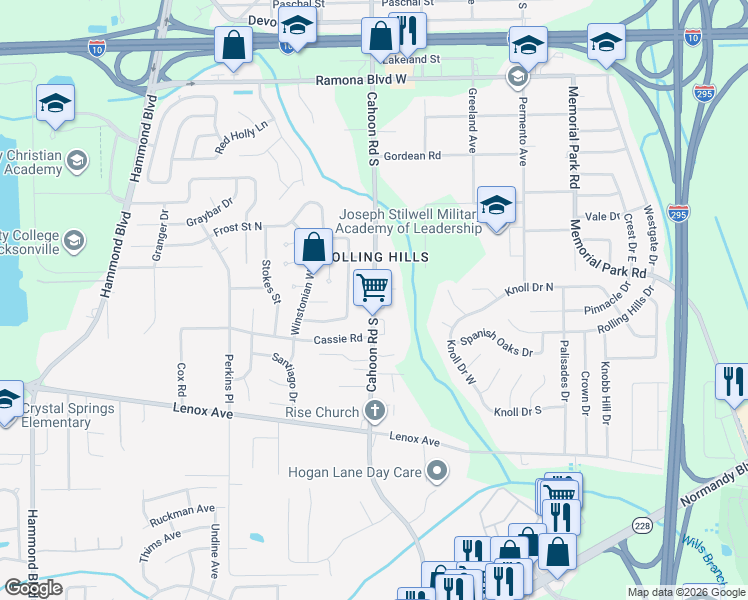 map of restaurants, bars, coffee shops, grocery stores, and more near 8057 Graff Lane in Jacksonville