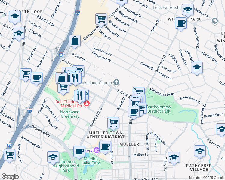 map of restaurants, bars, coffee shops, grocery stores, and more near in Austin
