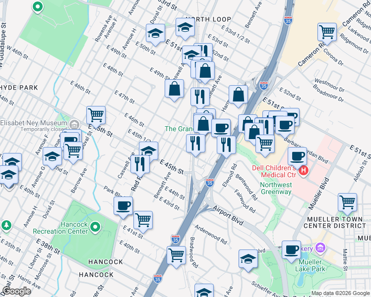 map of restaurants, bars, coffee shops, grocery stores, and more near 4611 Bennett Avenue in Austin