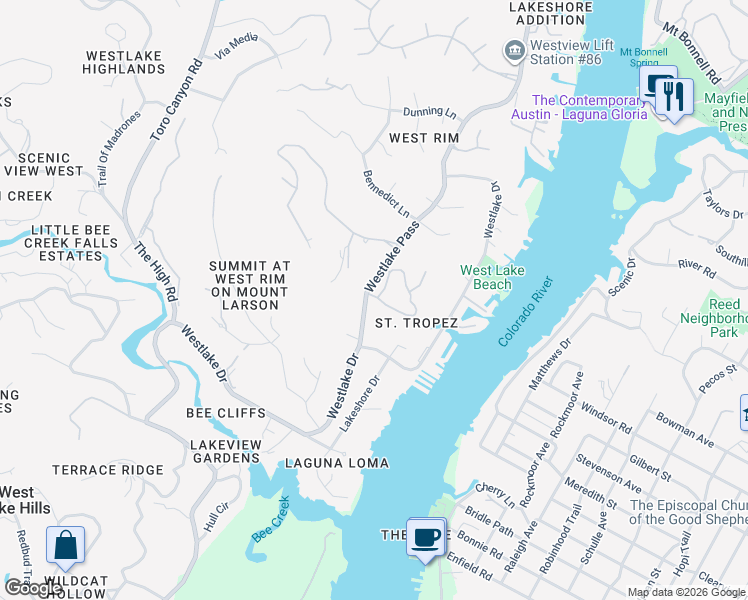 map of restaurants, bars, coffee shops, grocery stores, and more near 2025 Rue De Saint Tropez in Austin