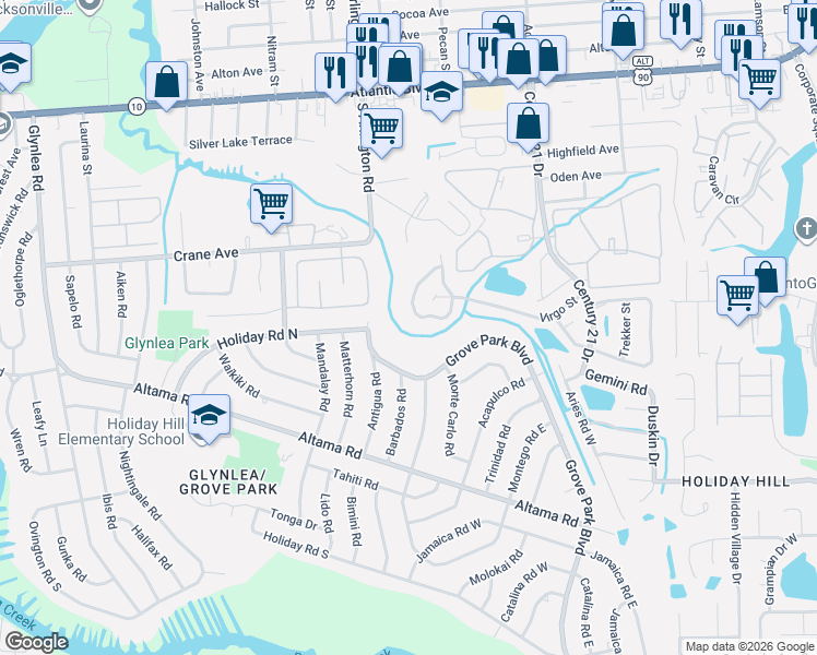 map of restaurants, bars, coffee shops, grocery stores, and more near 278 Aquarius Circle North in Jacksonville