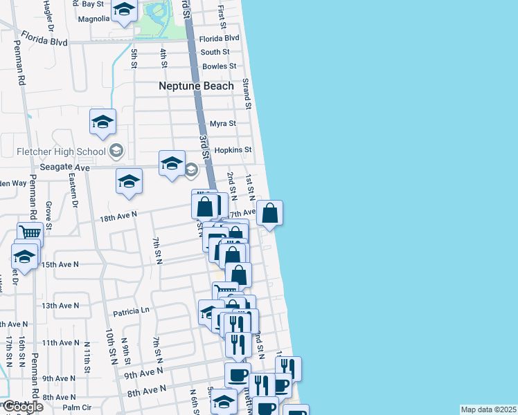 map of restaurants, bars, coffee shops, grocery stores, and more near 102 18th Avenue North in Jacksonville Beach